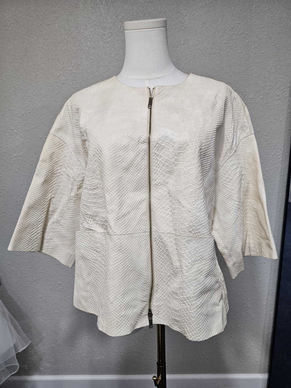 Lafayette 148 New York Cream Python Embossed Leather Jacket Size M